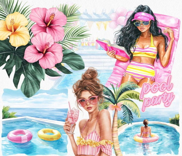 Kit Digital Pool Party Aquarela -tardezinha Aquarela Premium