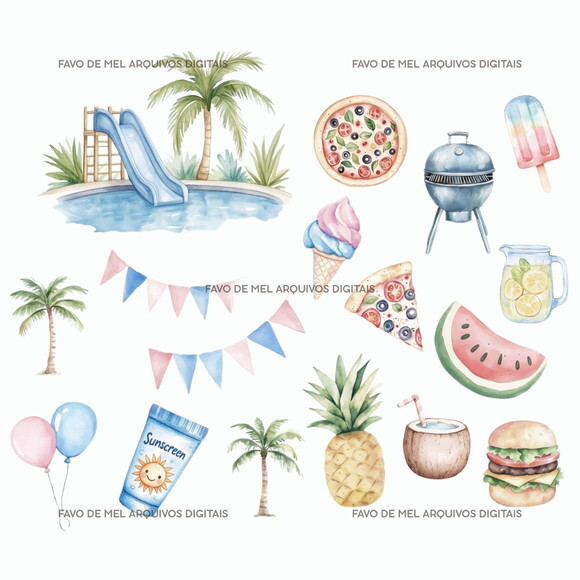 Kit Digital Pool Party Aquarela Premium - Piscina Png