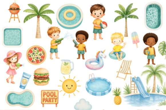 Kit Digital Pool Party Aquarela Premium Png 08