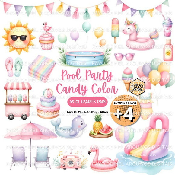 Kit Digital Pool Party Candy Color Aquarela (pague 1 Leve 5)