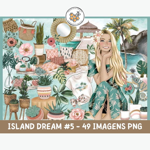 Kit Digital Praia Aquarela Rosabebe Island Dream