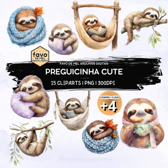 Kit Digital Preguicinha Cute Aquarela (pague 1 Leve +4)