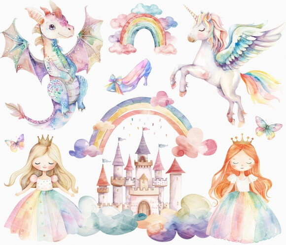 Kit Digital Princesa Arco-íris Aquarela - Cute Unicórnio Cc