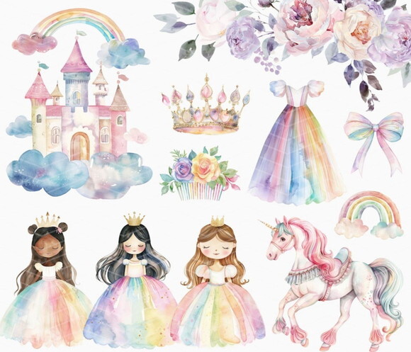 Kit Digital Princesa Arco-íris Aquarela - Cute Unicórnio Cc