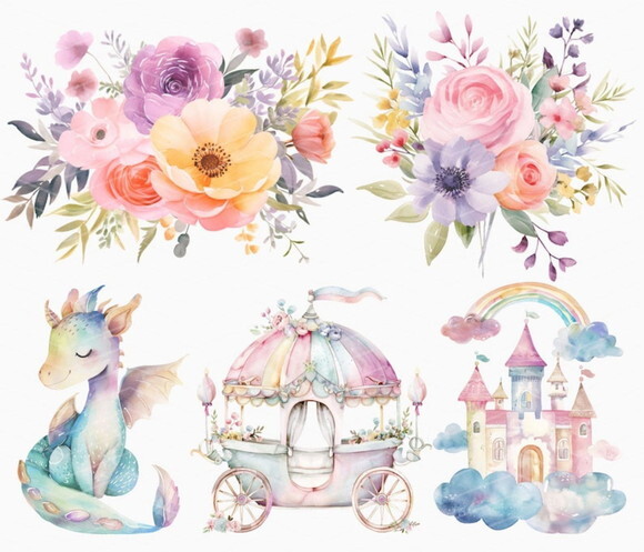 Kit Digital Princesa Arco-íris Aquarela - Cute Unicórnio Cc