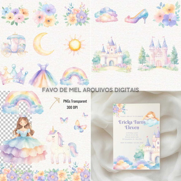 Kit Digital Princesa Arco-íris Aquarela - Reino Encantado 18