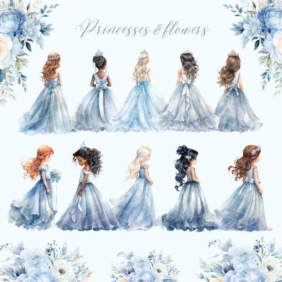 Kit Digital Princesa Azul Aquarela Premium - Little Princess