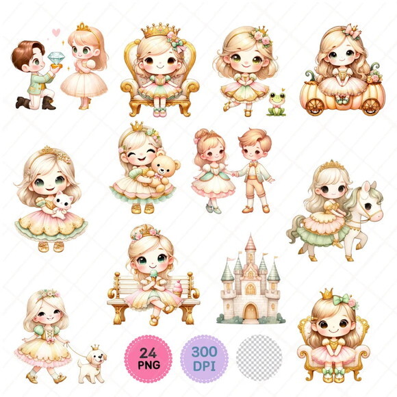 Kit Digital Princesa Cute Aquarela - Little Cute Princess