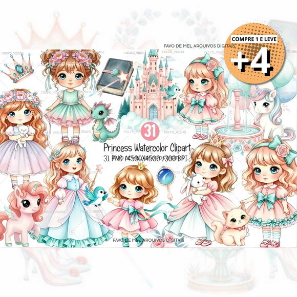 Kit Digital Princesa Cute Aquarela Candy Color Png #13