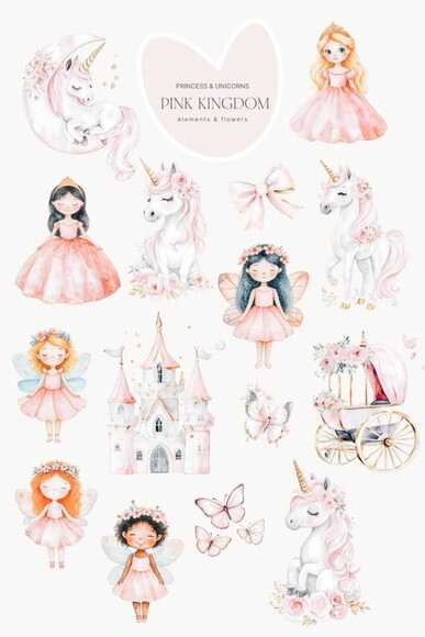 Kit Digital Princesa e Unicórnios Rosa Aquarela #20 Png