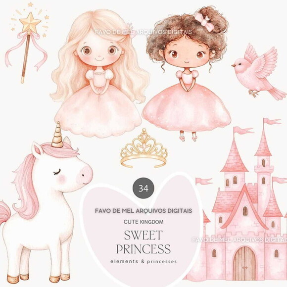 Kit Digital Princesa e Unicórnios Rosa Aquarela #21 Png