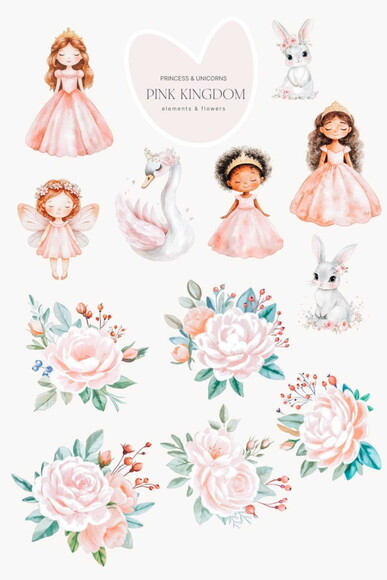 Kit Digital Princesa e Unicórnios Rosa Aquarela #20 Png