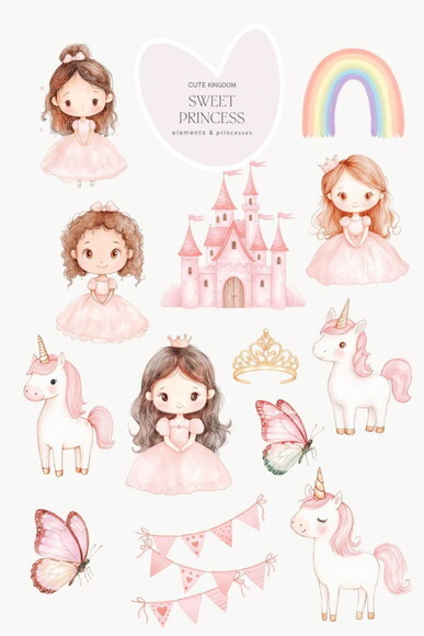 Kit Digital Princesa e Unicórnios Rosa Aquarela #21 Png