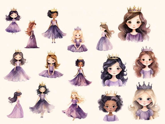 Kit Digital Princesa Lilás Aquarela - Purple Princess (ld)