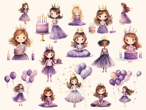 Kit Digital Princesa Lilás Aquarela - Purple Princess (ld)