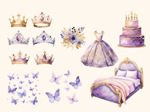 Kit Digital Princesa Lilás Aquarela - Purple Princess (ld)