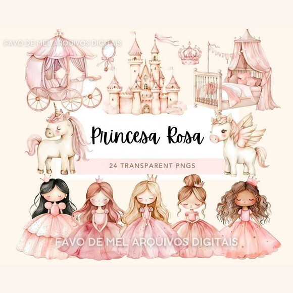 Kit Digital Princesa Rosa Aquarela Png Premium (ld)