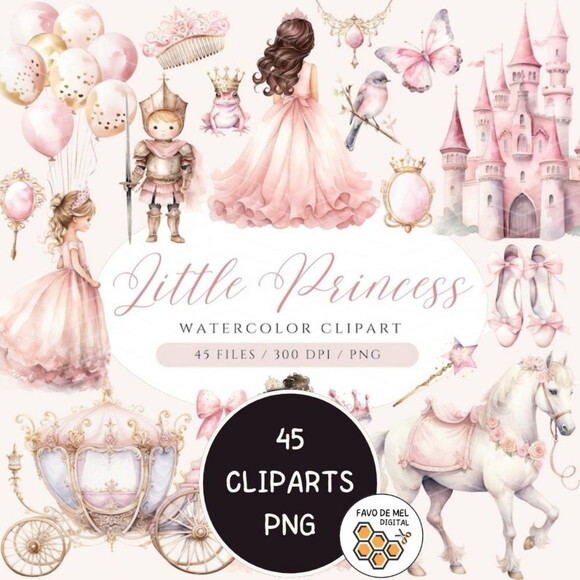 Kit Digital Princesa Rosa Aquarela Premium - Little Princess