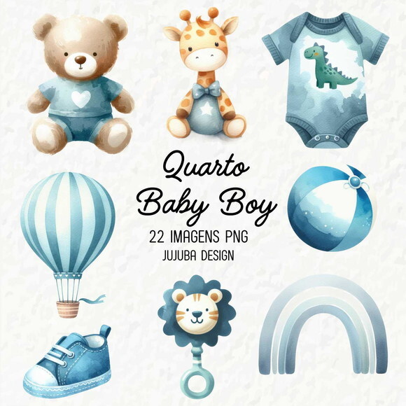 Kit Digital Quarto Baby Boy Chá de Bebê Menino Aquarela Png