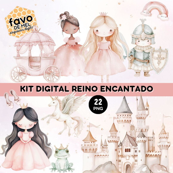 Kit Digital Reino Encantado Aquarela - Princesa Rosa (paa)