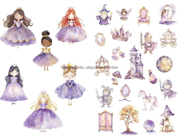 Kit Digital Reino Encantado Aquarela - Princesa Lilás