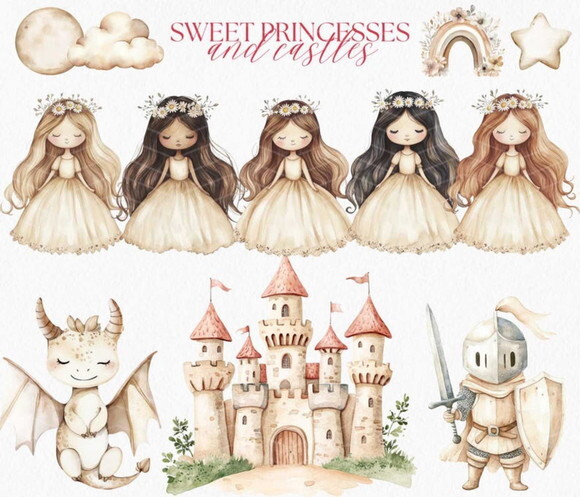 Kit Digital Reino Encantado Aquarela #7 Princesas Boho Png