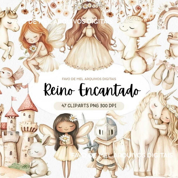 Kit Digital Reino Encantado Aquarela #7 Princesas Boho Png
