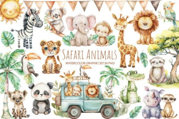 Kit Digital Safari 30 Aquarela Safari Animals (as)