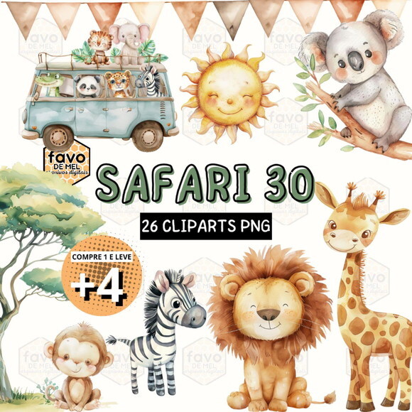 Kit Digital Safari 30 Aquarela Safari Animals (as)