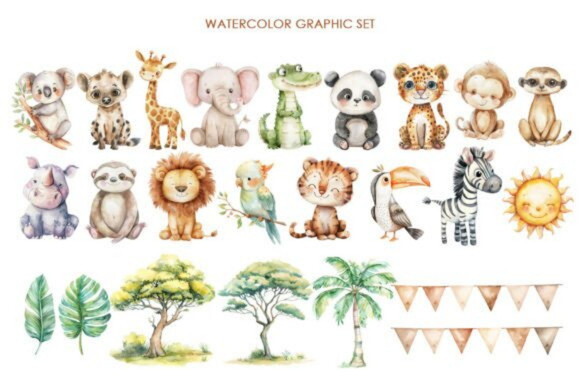 Kit Digital Safari 30 Aquarela Safari Animals (as)