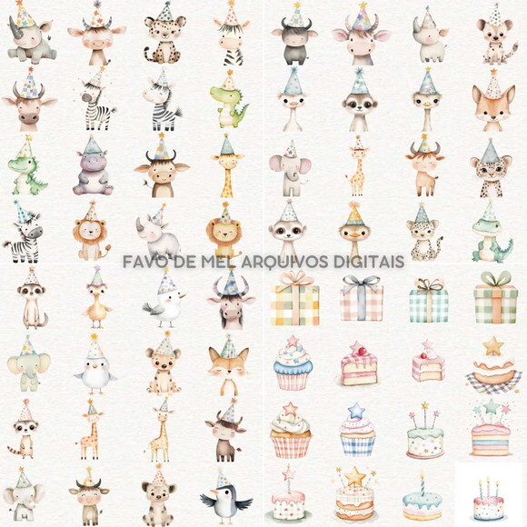 Kit Digital Safari Aniversário Animais Aquarela #42 Png