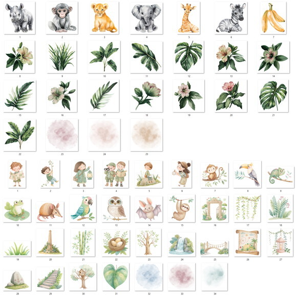 Kit Digital Safari Aquarela - Combo 4 Kits 108 Png + Papéis