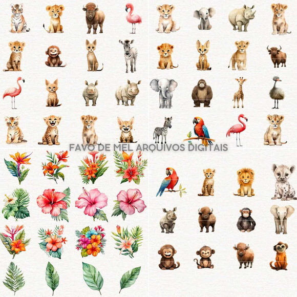 Kit Digital Safari Aquarela #41 Animais Selva Png Premium