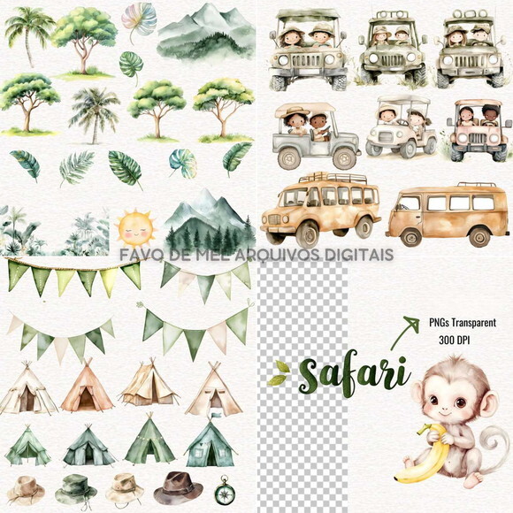 Kit Digital Safari Aquarela #40 (ns) Png Premium