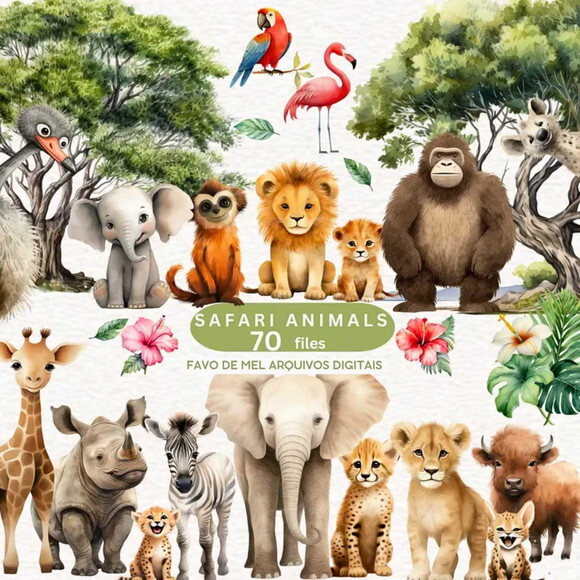 Kit Digital Safari Aquarela #41 Animais Selva Png Premium