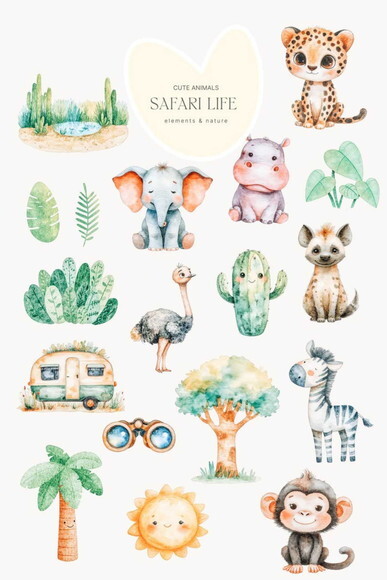 Kit Digital Safari Aquarela #43 Animais Selva Png Premium