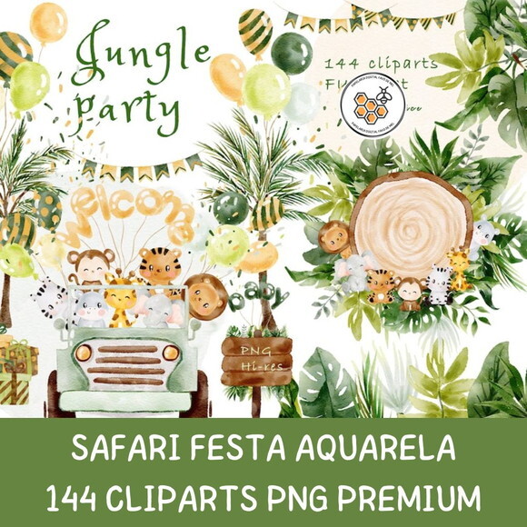 Kit Digital Safari Aquarela Premium - Jungle Party