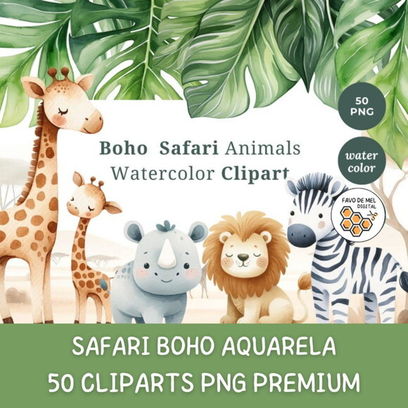 Kit Digital Safari Aquarela Premium - Boho Safari Animals Sd