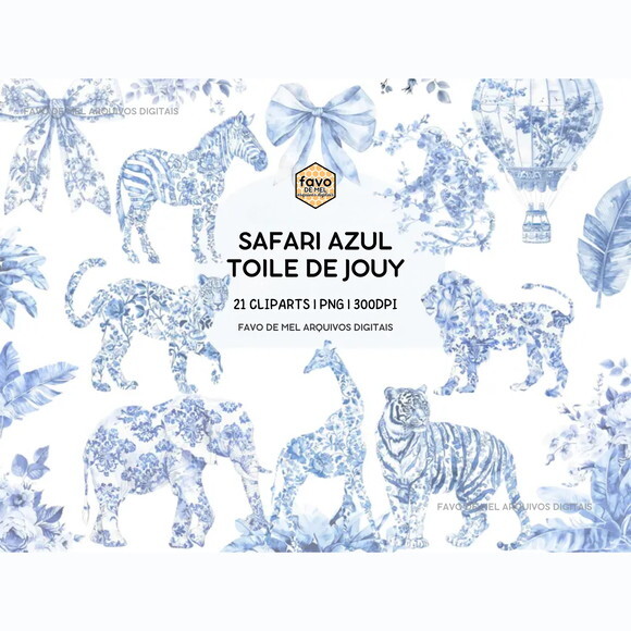 Kit Digital Safari Azul Toile de Jouy - Chá de Bebê 21 Png