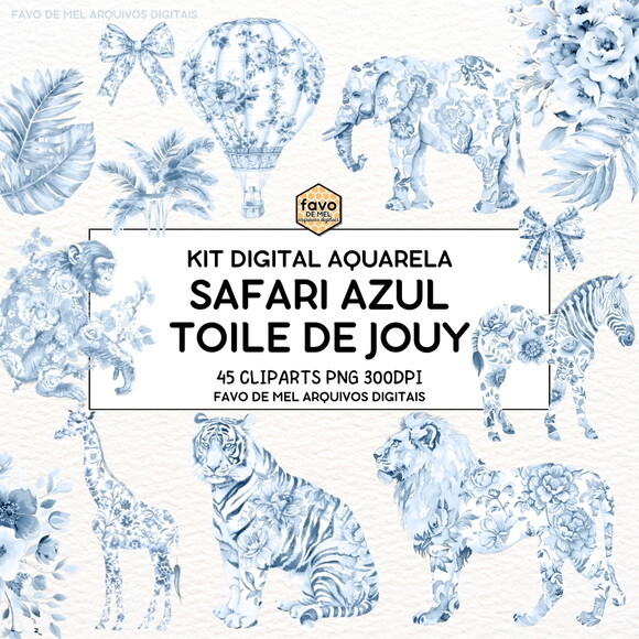 Kit Digital Safari Azul Toile de Jouy -escolha o Tom de Azul