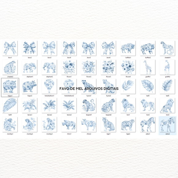 Kit Digital Safari Azul Toile de Jouy -escolha o Tom de Azul
