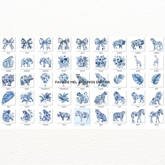 Kit Digital Safari Azul Toile de Jouy -escolha o Tom de Azul