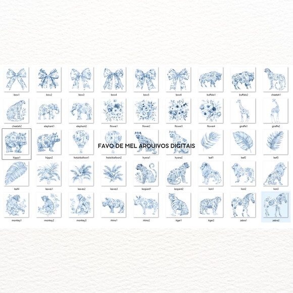 Kit Digital Safari Azul Toile de Jouy Bebê Minimalista