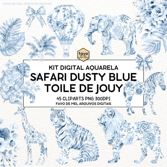 Kit Digital Safari Azul Toile de Jouy Bebê Minimalista