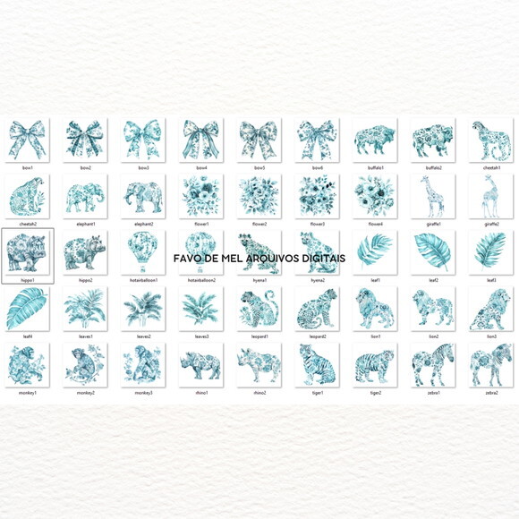Kit Digital Safari Azul Toile de Jouy Bebê Minimalista