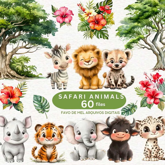 Kit Digital Safari Baby Aquarela 11 Png Premium