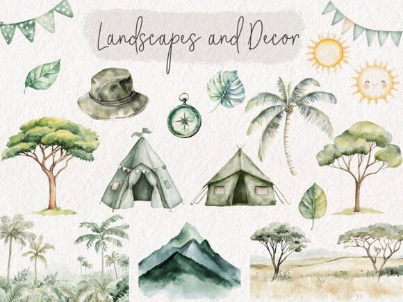 Kit Digital Safari Camping Aquarela - Expedition (kd)