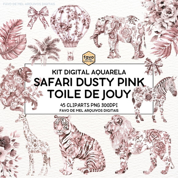 Kit Digital Safari Rosa Toile de Jouy Bebê Minimalista Png
