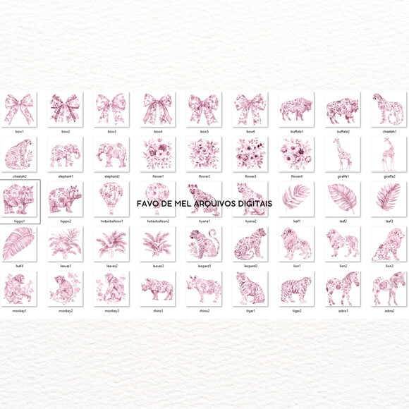 Kit Digital Safari Rosa Toile de Jouy Bebê Minimalista Png