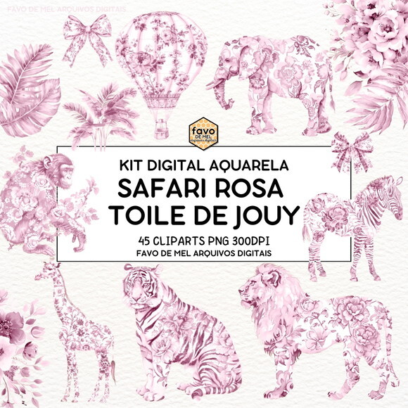 Kit Digital Safari Rosa Toile de Jouy Bebê Minimalista Png